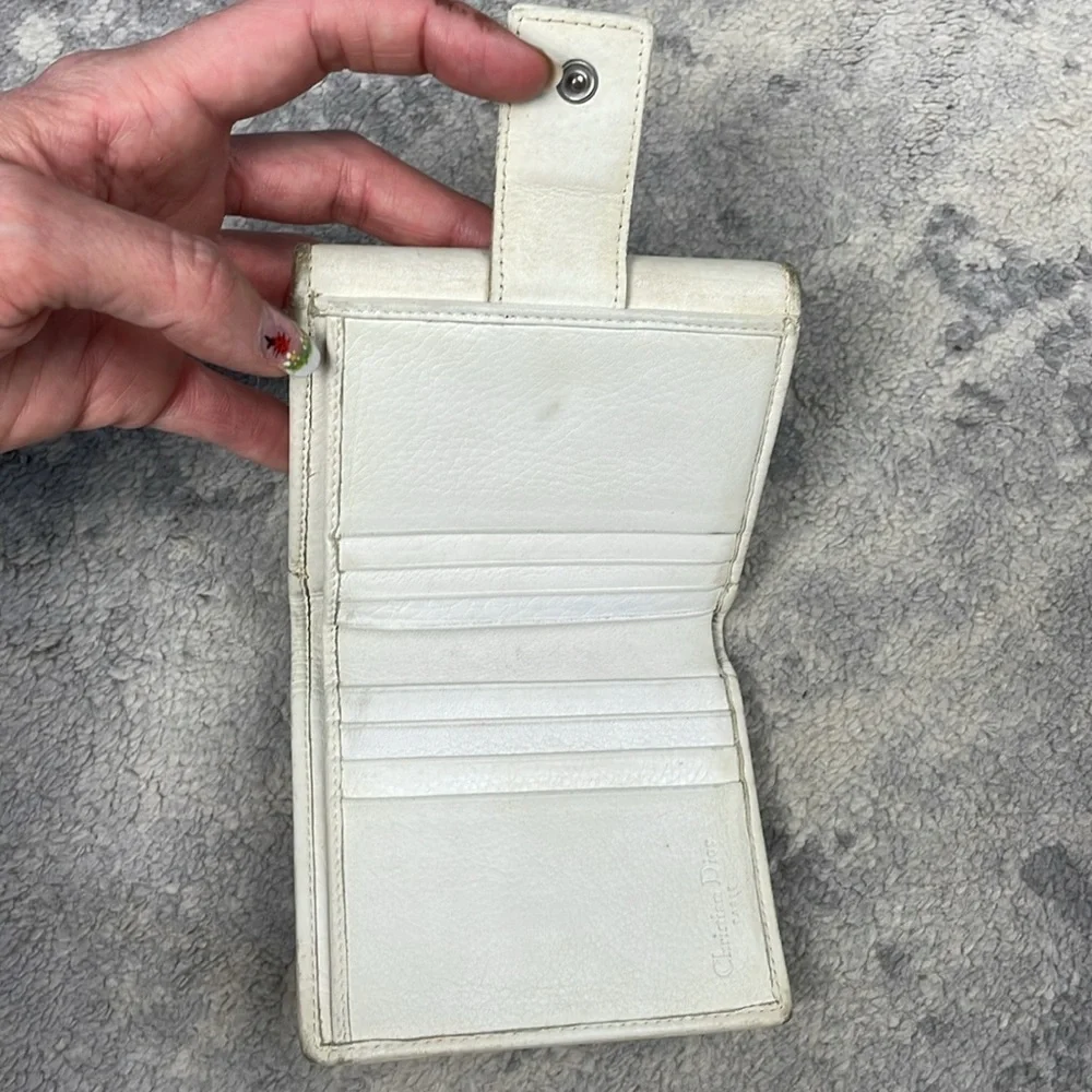 Vintage Christian Dior White Leather Compact Snap Wallet Floating Charm Logo